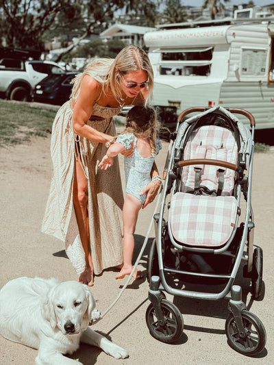Dusty Blush & Dusty Blush Gingham Linen Uppababy Pram Liner - Ready to go - Audrey & Me