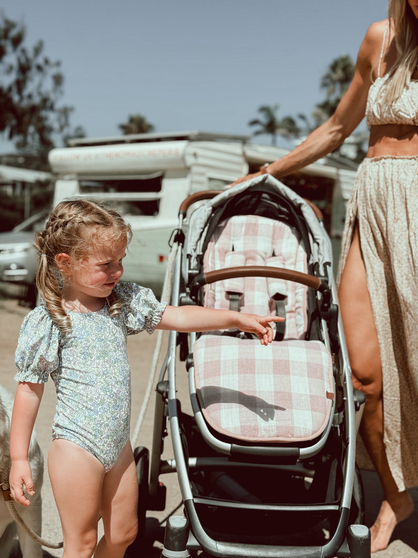 Dusty Blush & Dusty Blush Gingham Linen Uppababy Pram Liner - Ready to go - Audrey & Me