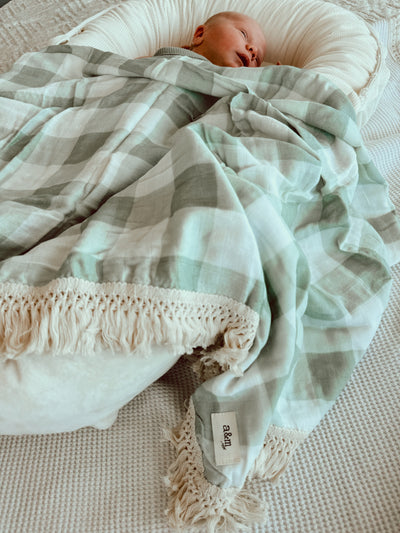 Muslin Fringe Blanket - Sage Gingham