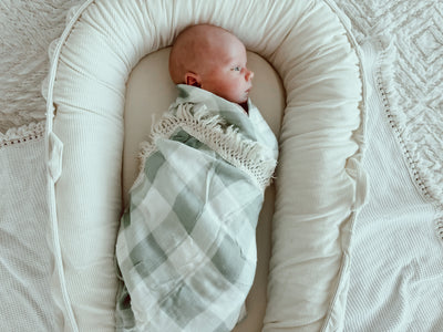 Muslin Fringe Blanket - Sage Gingham
