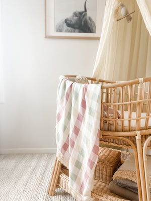 Muslin Fringe Blanket - Sage & Mauve Gingham - Audrey & Me