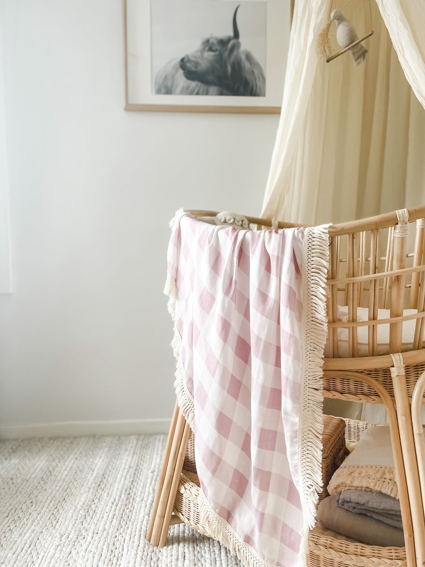 Muslin Fringe Blanket - Mauve Gingham - Audrey & Me