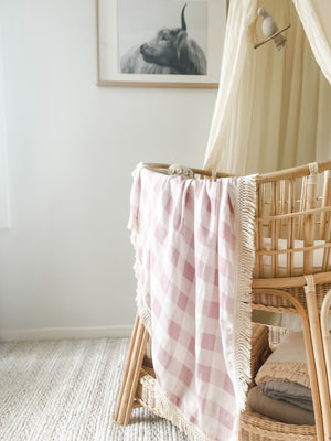 Muslin Fringe Blanket - Mauve Gingham - Audrey & Me