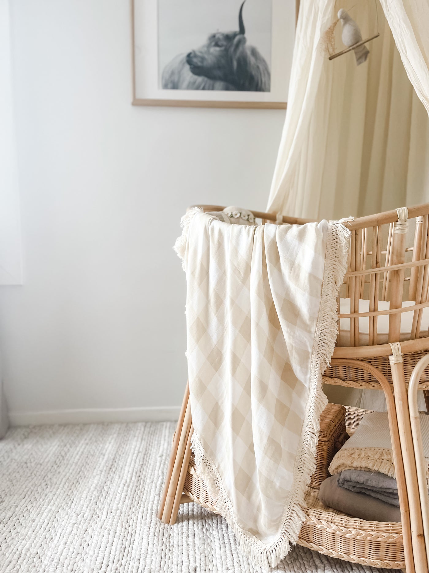 Muslin Fringe Blanket - Sand Gingham - Audrey & Me